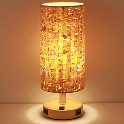 Moderne Tischlampe mit Holzmaserung Stoffschirm 1-Licht 