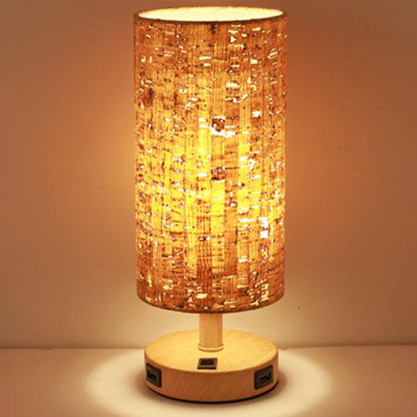Moderne Tischlampe mit Holzmaserung Stoffschirm 1-Licht 