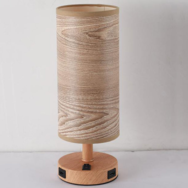 Moderne Tischlampe mit Holzmaserung Stoffschirm 1-Licht 