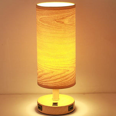 Moderne 1-flammige Tischlampe mit Holzmaserung und Stoffschirm 