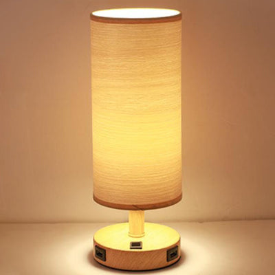Moderne Tischlampe mit Holzmaserung Stoffschirm 1-Licht 