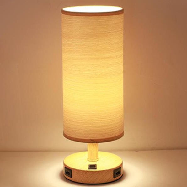 Moderne Tischlampe mit Holzmaserung Stoffschirm 1-Licht 