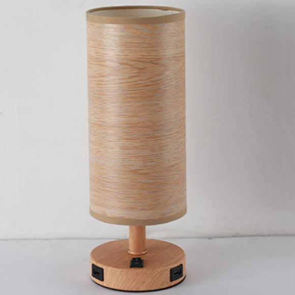 Moderne Tischlampe mit Holzmaserung Stoffschirm 1-Licht 