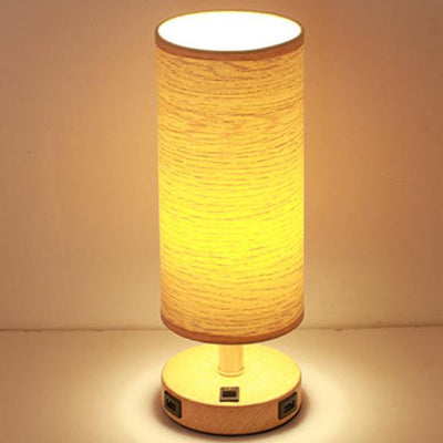 Moderne Tischlampe mit Holzmaserung Stoffschirm 1-Licht 