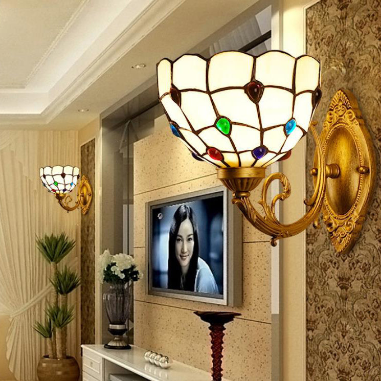 Tiffany European Gemstone Stained Glass Bowl 1-Light Wall Sconce Lamp