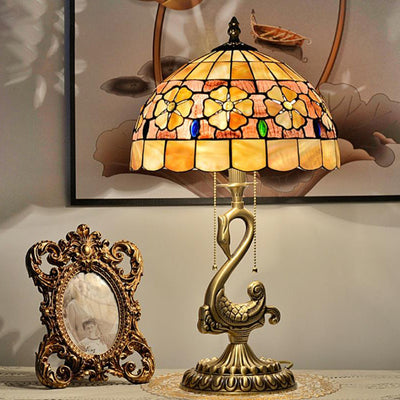 Tiffany Vintage Floral Stained Glass Swan 2-Light Table Lamp