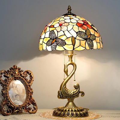 Tiffany Vintage Floral Stained Glass Swan 2-Light Table Lamp