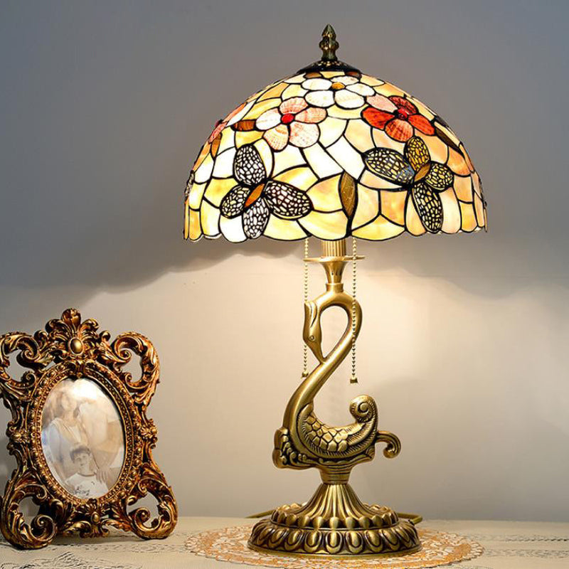 Tiffany Vintage Floral Stained Glass Swan 2-Light Table Lamp