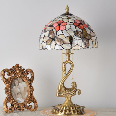 Tiffany Vintage Floral Stained Glass Swan 2-Light Table Lamp