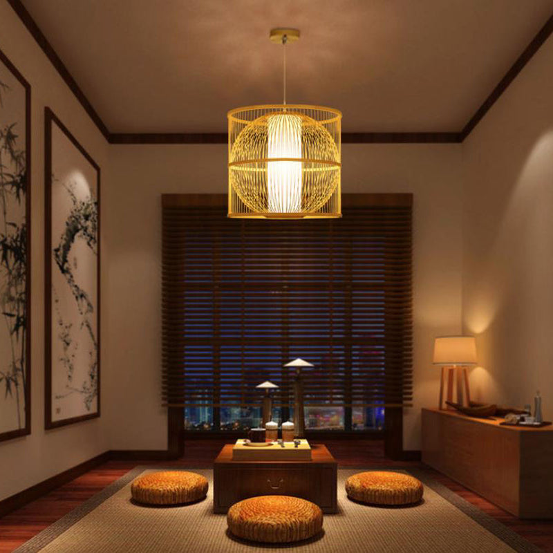 Lustre suspendu moderne chinois en bambou tressé carré rond à 1 lumière 