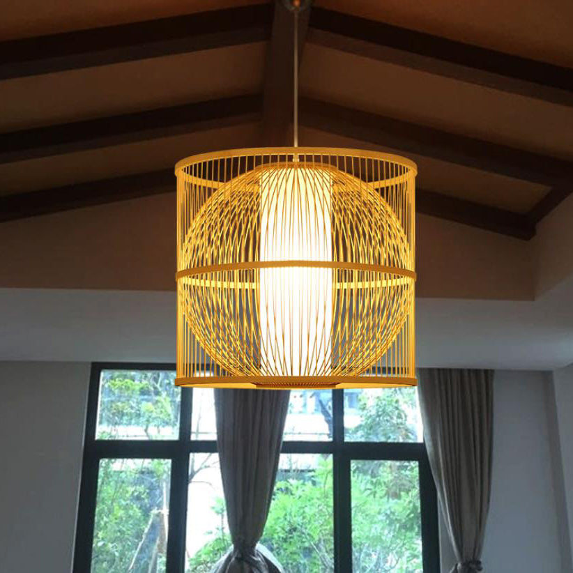 Moderne Chinesische Bambusweberei Quadrat Rund 1-Licht Pendelleuchte 