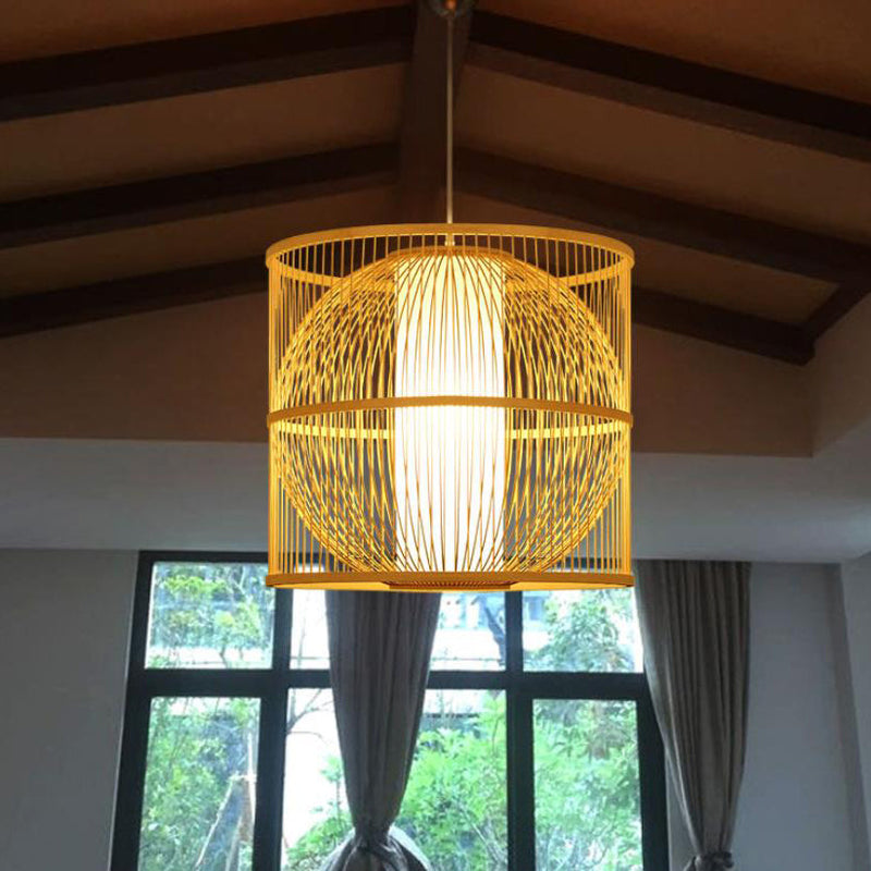Lustre suspendu moderne chinois en bambou tressé carré rond à 1 lumière 
