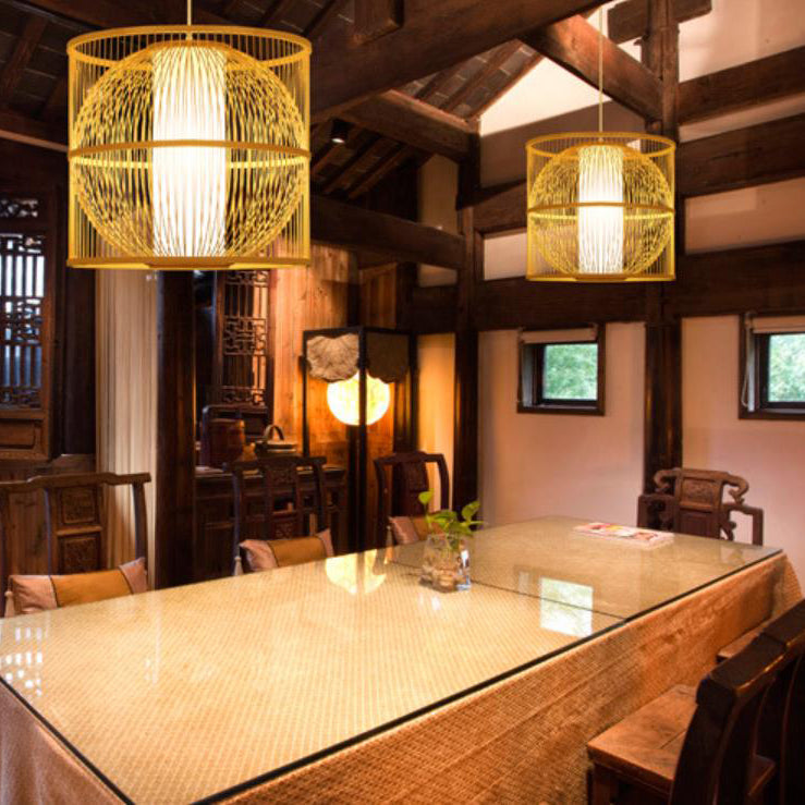 Lustre suspendu moderne chinois en bambou tressé carré rond à 1 lumière 