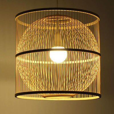 Lustre suspendu moderne chinois en bambou tressé carré rond à 1 lumière 