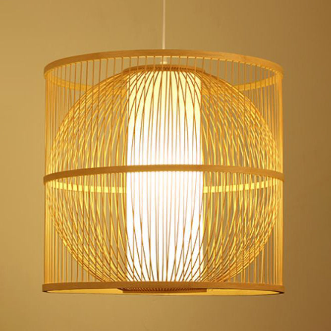 Moderne Chinesische Bambusweberei Quadrat Rund 1-Licht Pendelleuchte 