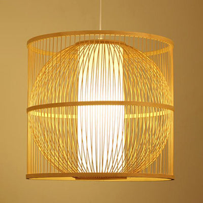 Lustre suspendu moderne chinois en bambou tressé carré rond à 1 lumière 