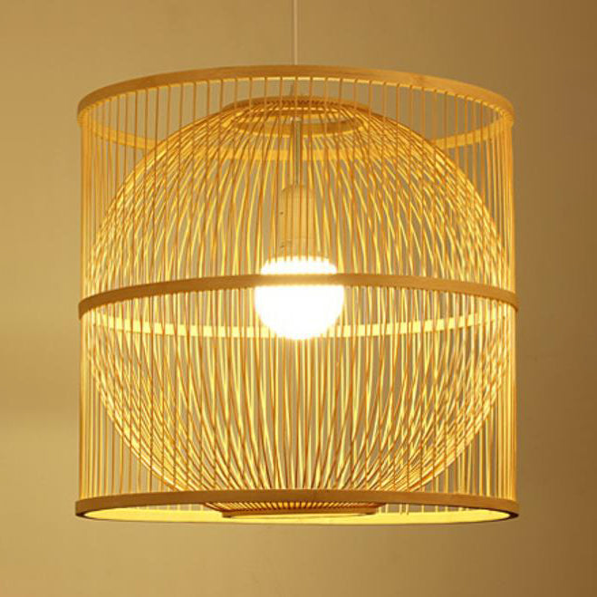 Lustre suspendu moderne chinois en bambou tressé carré rond à 1 lumière 