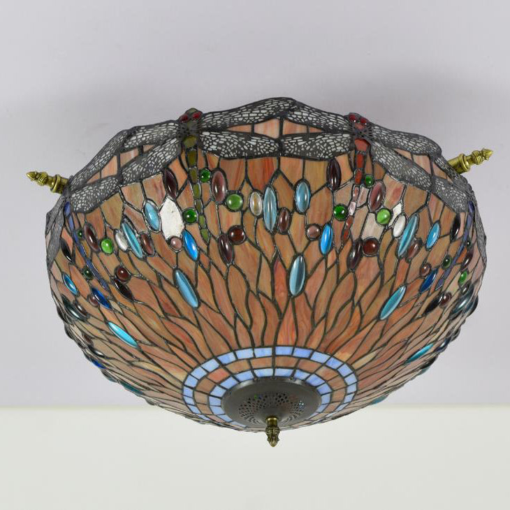Retro Tiffany Red Bottom Dragonfly Design 5-Light Flush Mount Light
