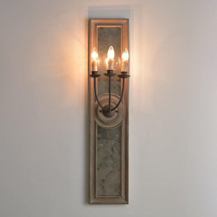 Vintage Wooden Long Frame Candelabra 3-Light Wall Sconce Lamp