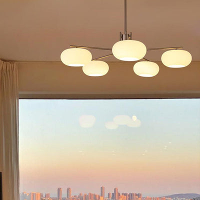 French Minimalist White Dome Glass Shade  5-Light Chandelier