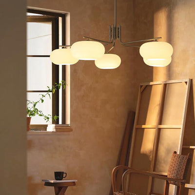 French Minimalist White Dome Glass Shade  5-Light Chandelier