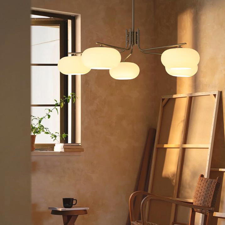 French Minimalist White Dome Glass Shade  5-Light Chandelier
