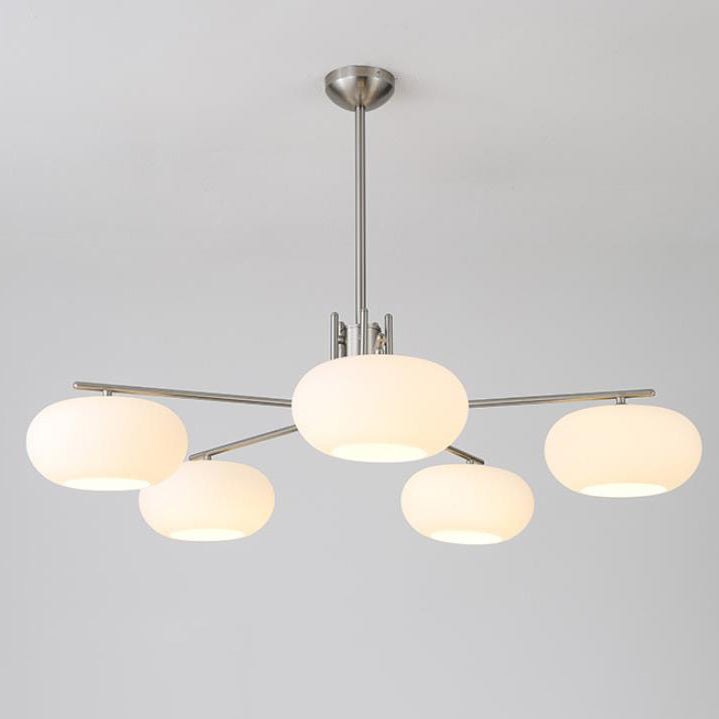 French Minimalist White Dome Glass Shade  5-Light Chandelier
