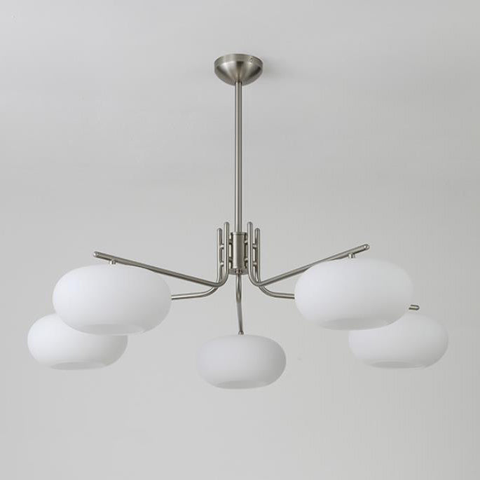 French Minimalist White Dome Glass Shade  5-Light Chandelier