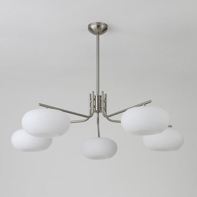 French Minimalist White Dome Glass Shade  5-Light Chandelier