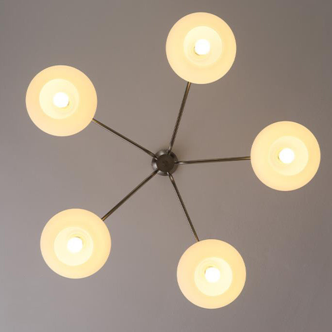 French Minimalist White Dome Glass Shade  5-Light Chandelier