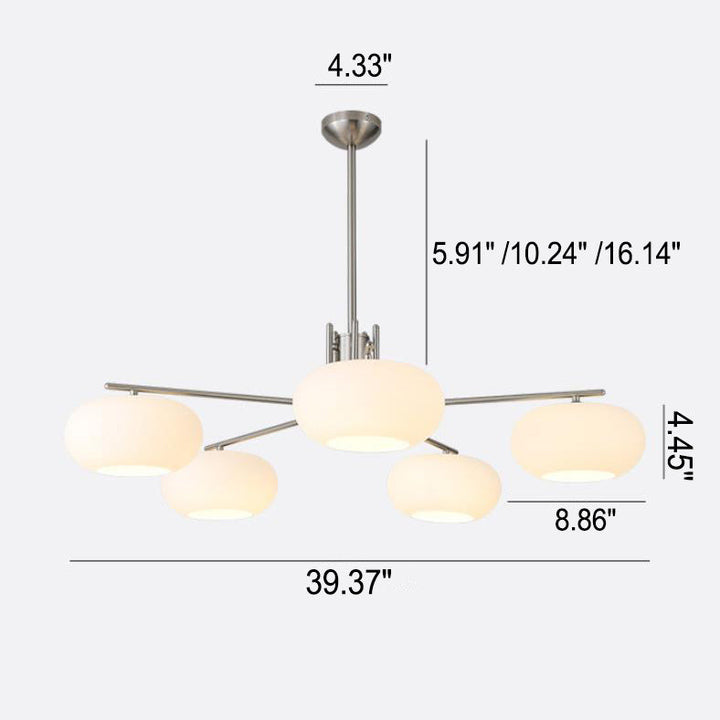 French Minimalist White Dome Glass Shade  5-Light Chandelier