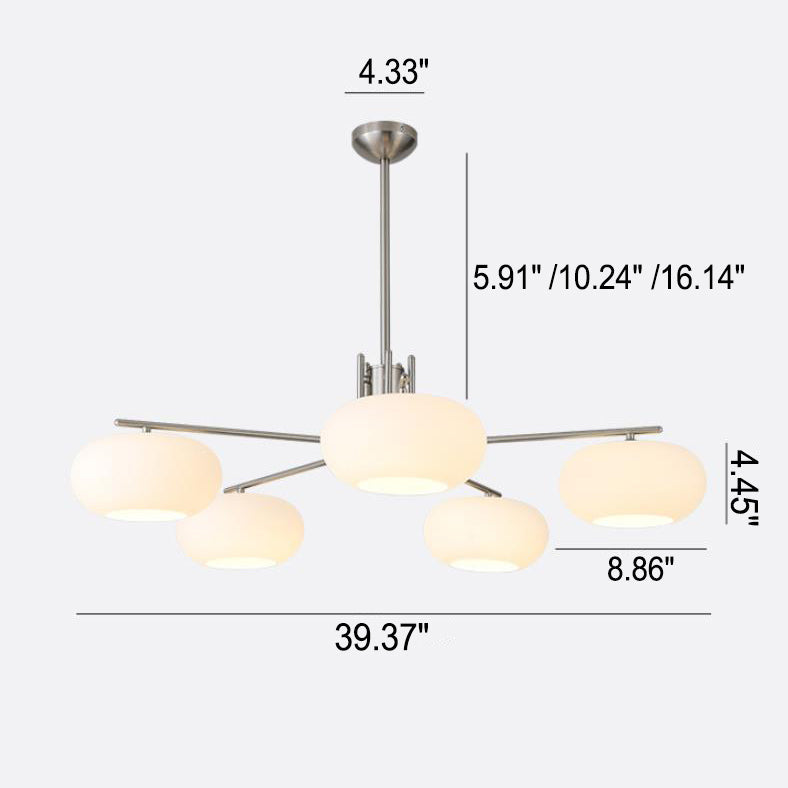 French Minimalist White Dome Glass Shade  5-Light Chandelier