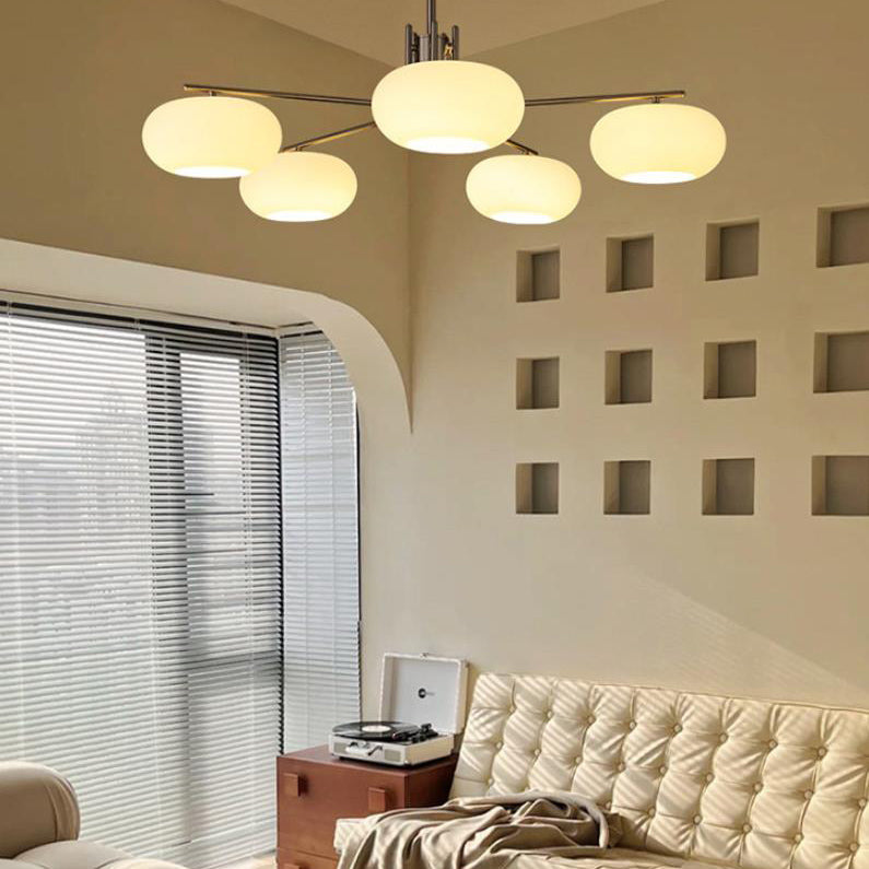 French Minimalist White Dome Glass Shade  5-Light Chandelier