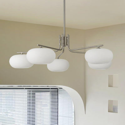 French Minimalist White Dome Glass Shade  5-Light Chandelier