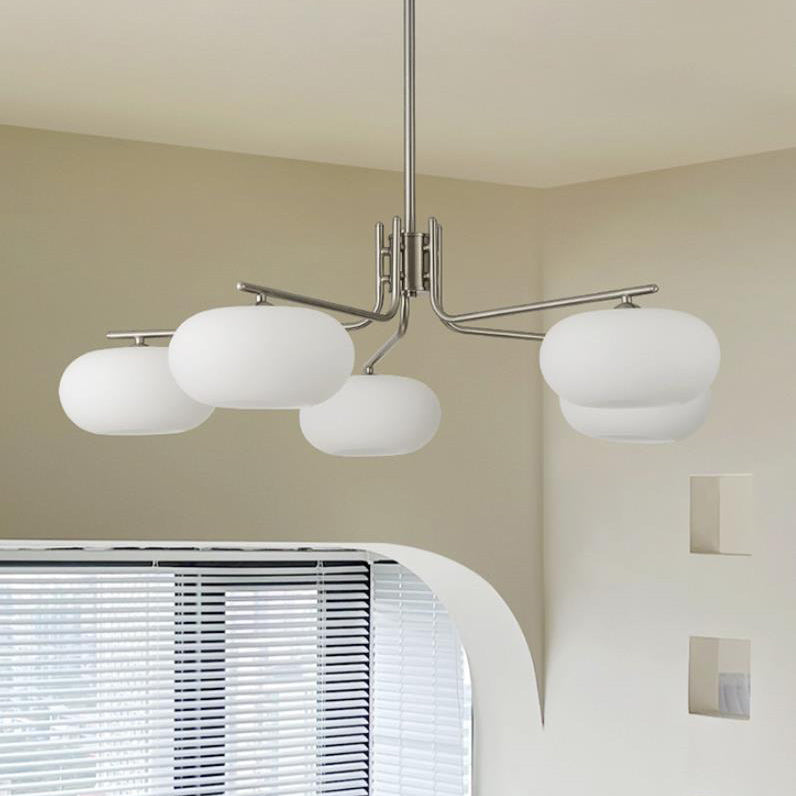 French Minimalist White Dome Glass Shade  5-Light Chandelier