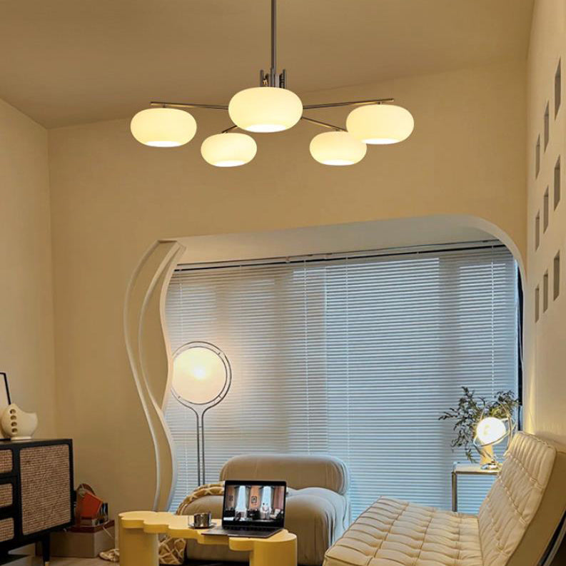French Minimalist White Dome Glass Shade  5-Light Chandelier