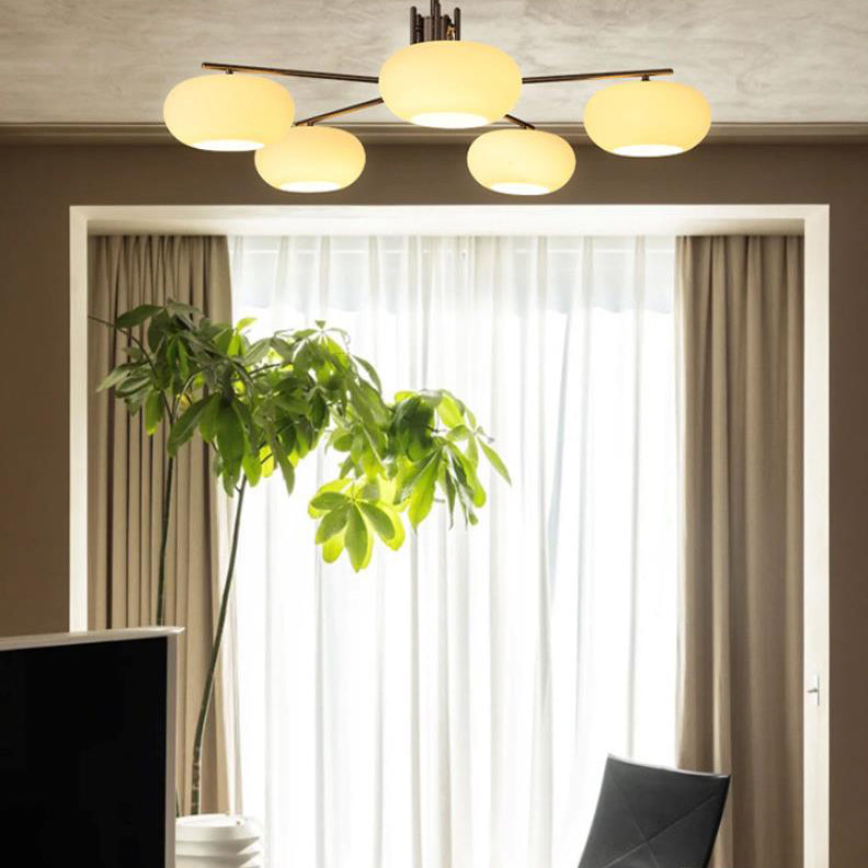 French Minimalist White Dome Glass Shade  5-Light Chandelier