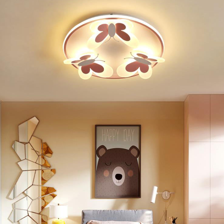 Cartoon Creative Pink Butterfly Circle LED Flush Mount Ceiling Light