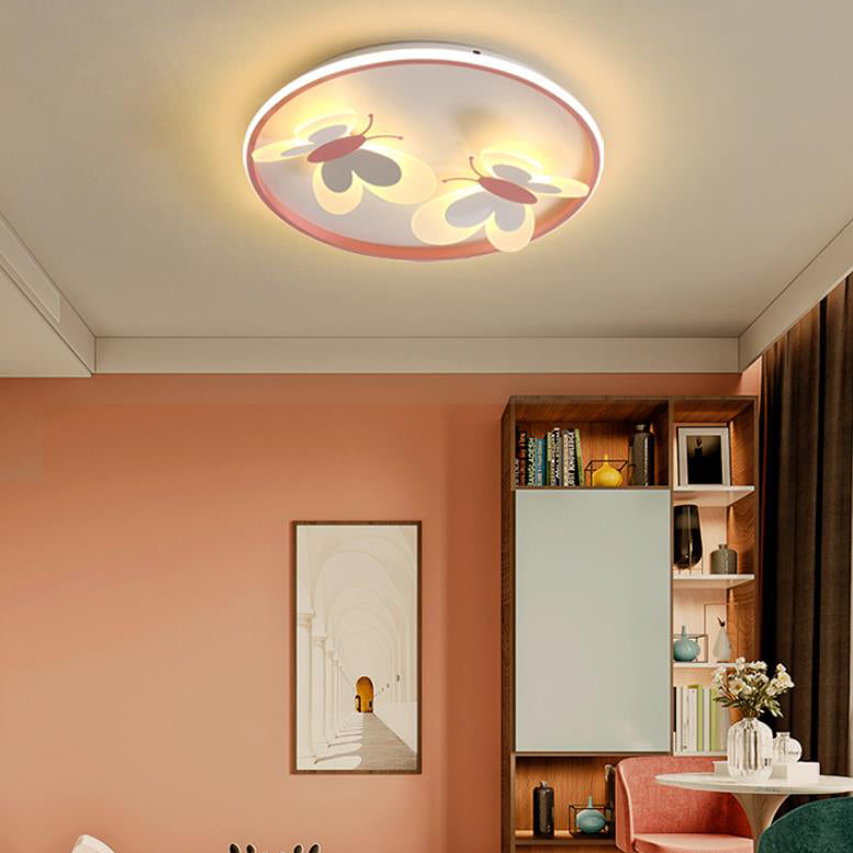 Cartoon Creative Pink Butterfly Circle LED Flush Mount Ceiling Light