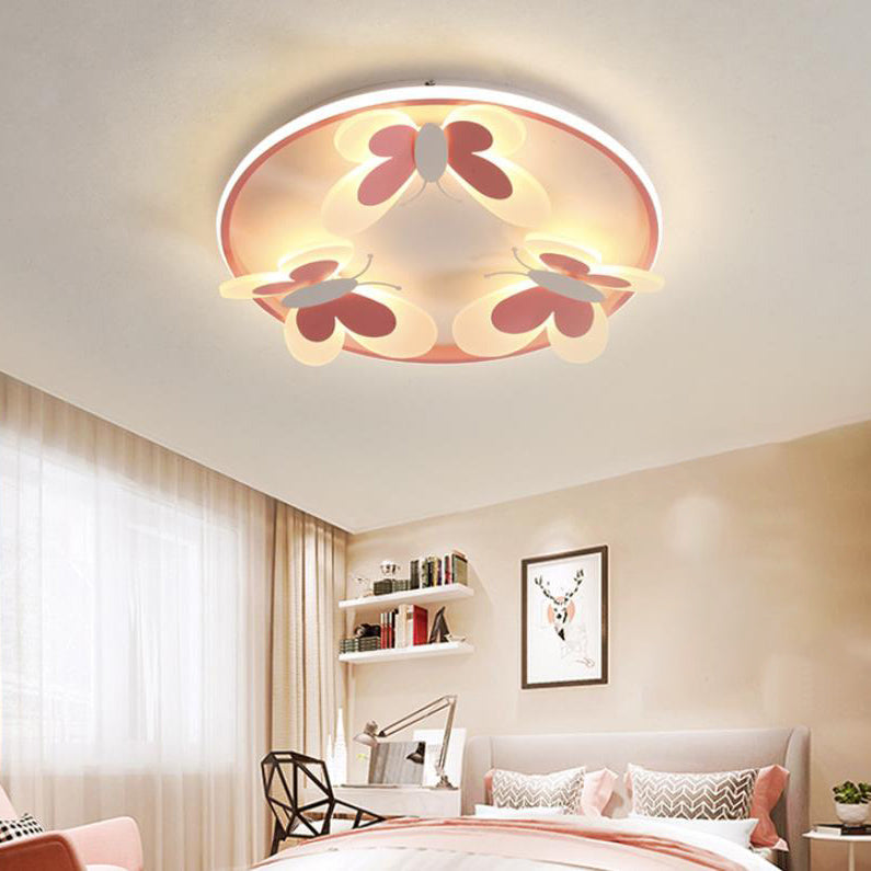 Cartoon Creative Pink Butterfly Circle LED Flush Mount Ceiling Light