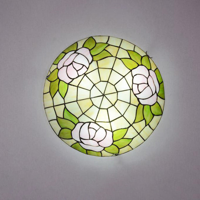 Tiffany Orchid Rose Stained Glass Round 2/3/4 Light Flush Mount Ceiling Light