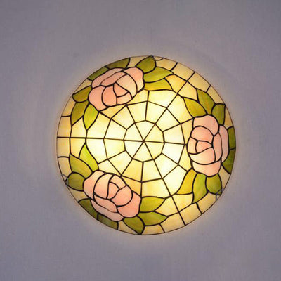 Tiffany Orchid Rose Stained Glass Round 2/3/4 Light Flush Mount Ceiling Light