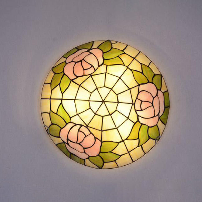 Tiffany Orchid Rose Stained Glass Round 2/3/4 Light Flush Mount Ceiling Light