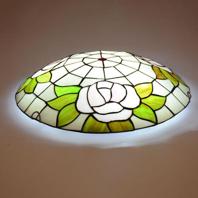 Tiffany Orchid Rose Stained Glass Round 2/3/4 Light Flush Mount Ceiling Light