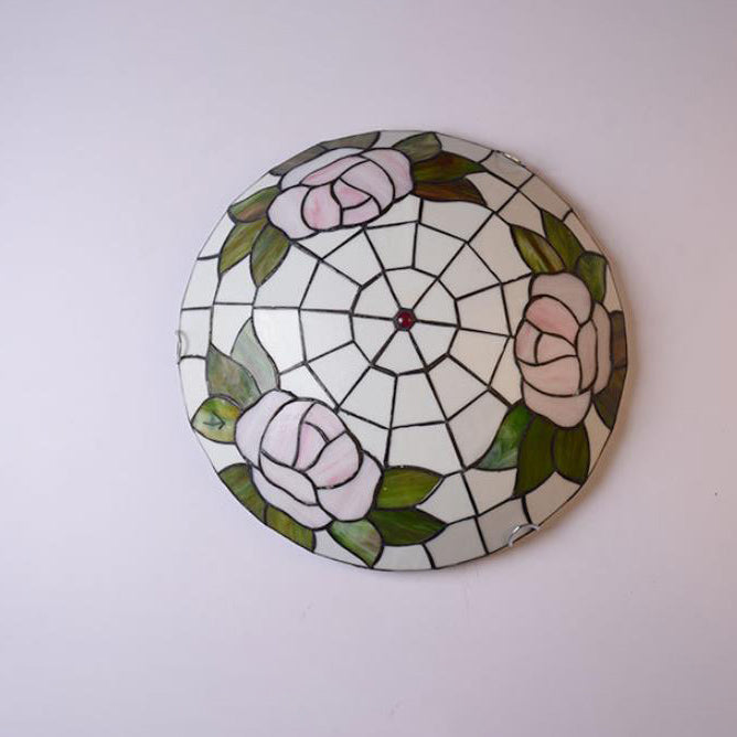 Tiffany Orchid Rose Stained Glass Round 2/3/4 Light Flush Mount Ceiling Light