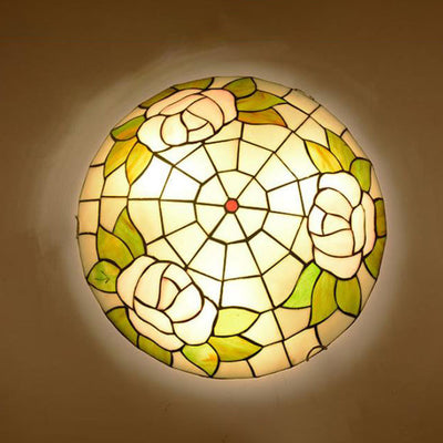 Tiffany Orchid Rose Stained Glass Round 2/3/4 Light Flush Mount Ceiling Light