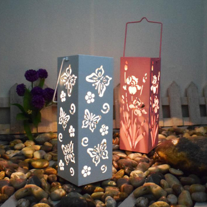 Solar Butterfly Rose Pattern Hollow Column LED Outdoor Waterproof Decorative Light