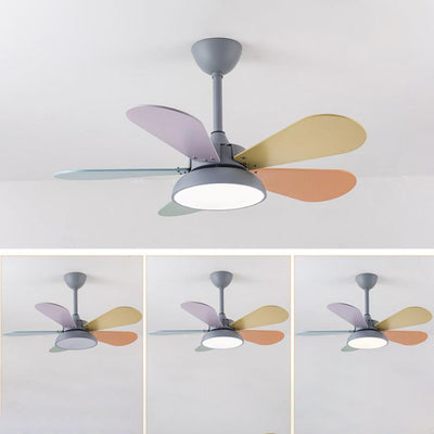 Simple Colorful Round Fan Leaf Kids Downrods Ceiling Fan Light