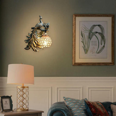 European Vintage Peacock Resin 1-Light Wall Sconce Lamp