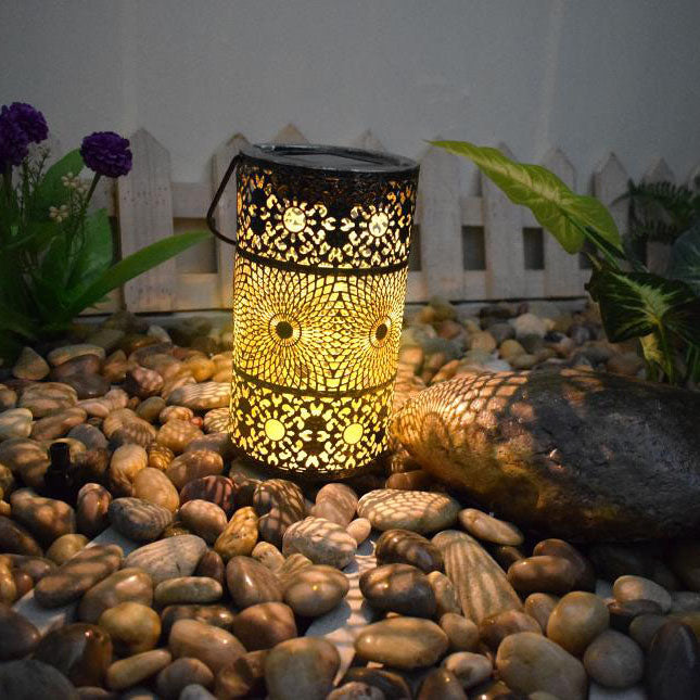 Solar Retro Iron Lantern Hollow Outdoor Decorative Camping Landscape Light